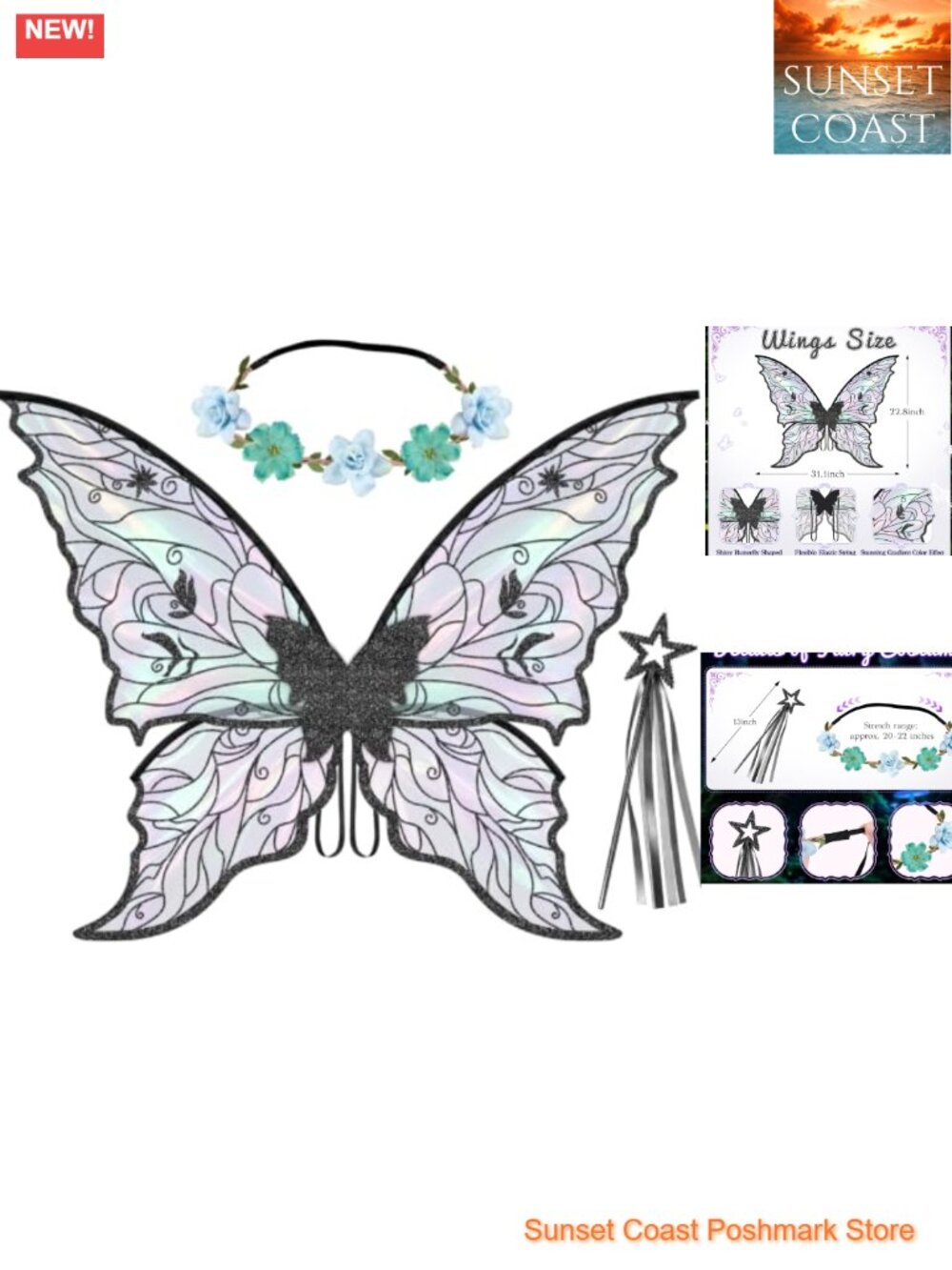 Fairy Wings Costume Set Wand Floral Crown Organza Butterfly Wings